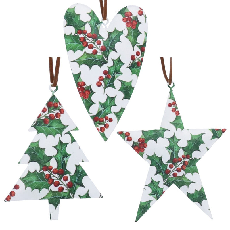 Holly tin heart, tree and star Christmas decorations, 3 assorted designs – Gisela Graham