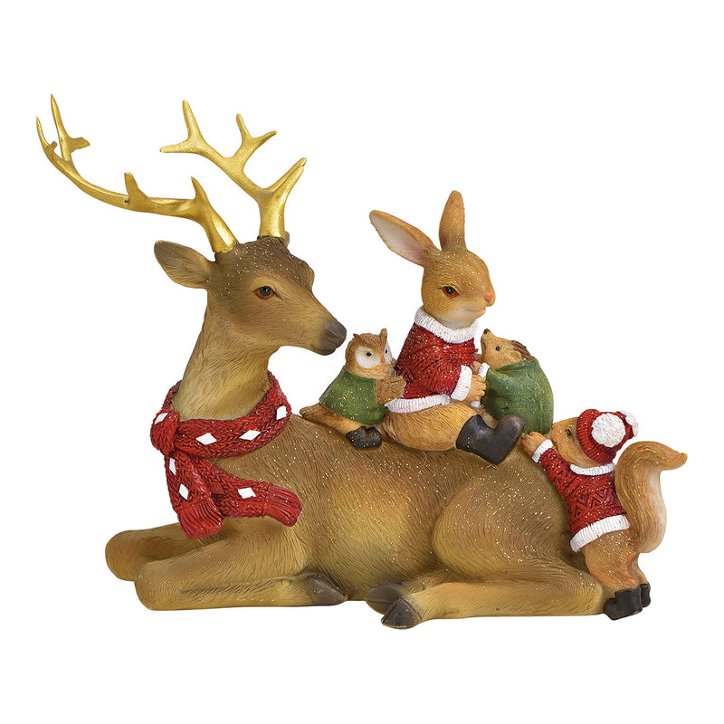 Christmas Decoration Woodland Deer lying With Forest Animals on It's Back 20x16x10cm