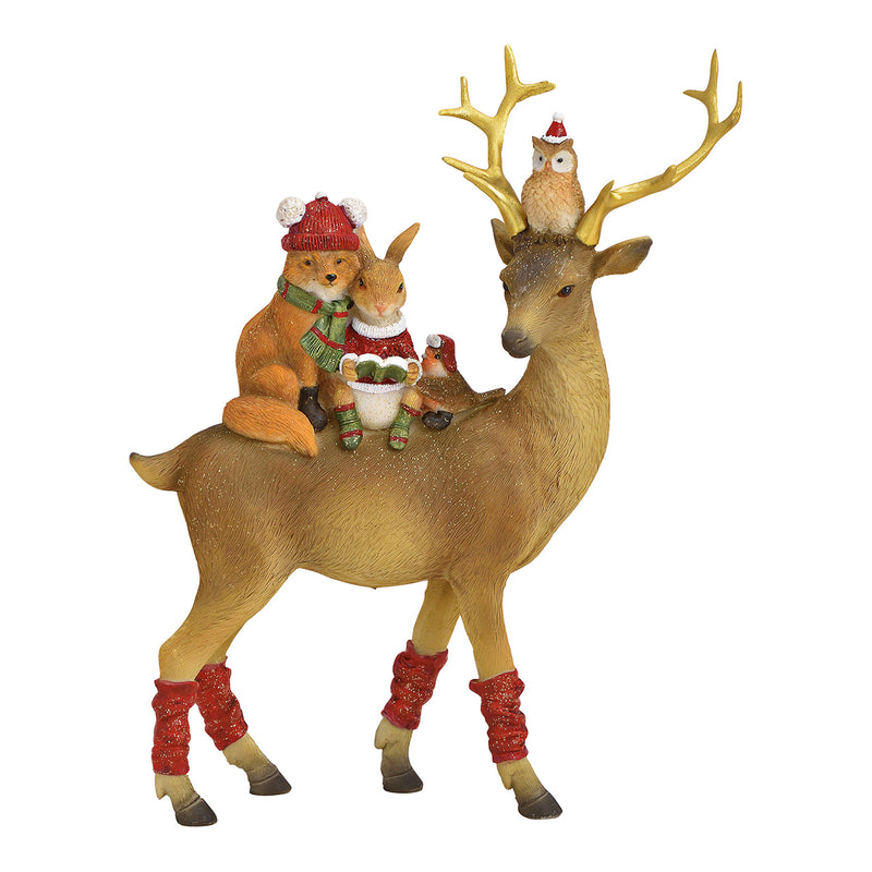 Christmas Decoration Woodland Deer With Animals in it's Back 20x25x8cm