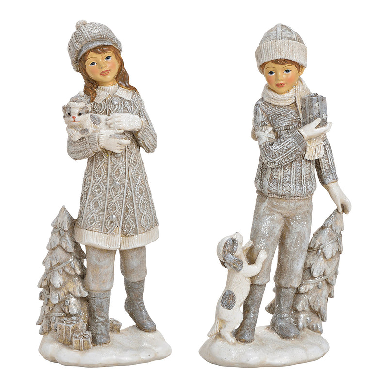 Christmas Decoration Winter child Girl With Dog or Boy Cat 10x22x7cm Sold Individually