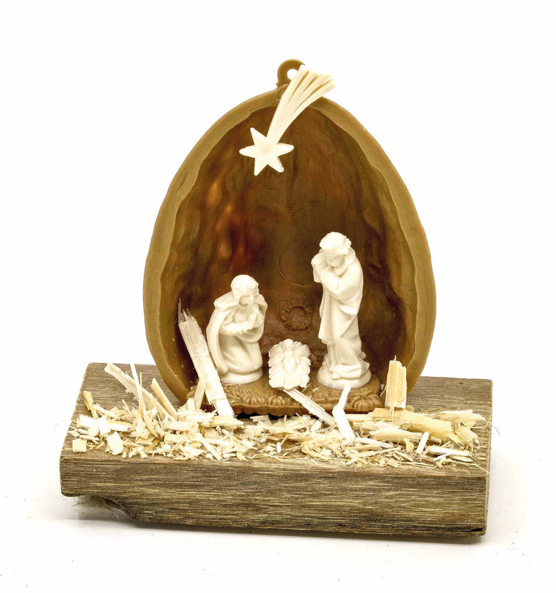 Christmas Nativity Scene Miniature Crib in walnut half on wooden panel (5x5x2cm)