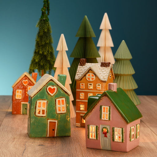 Pink & Green Stoneware Light-Up House 17 cm