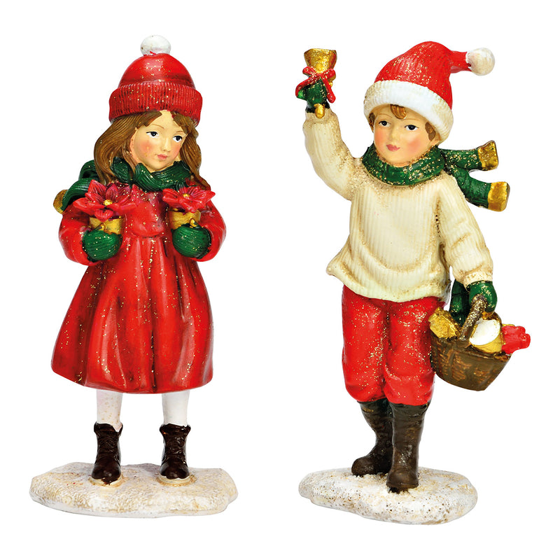 Christmas Decoration Winter child Girl with flower or Boy with basket Red 6x12x4cm Sold Individually