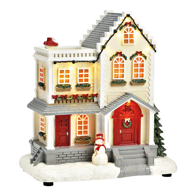 Christmas Village Scene House With Red Door and Snowman with Music 23x27x14cm Battery Operated