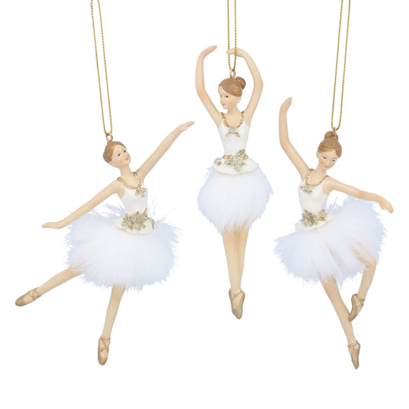 Cream and gold ballerina Christmas decorations with feather tutus, 3 assorted designs – Gisela Graham