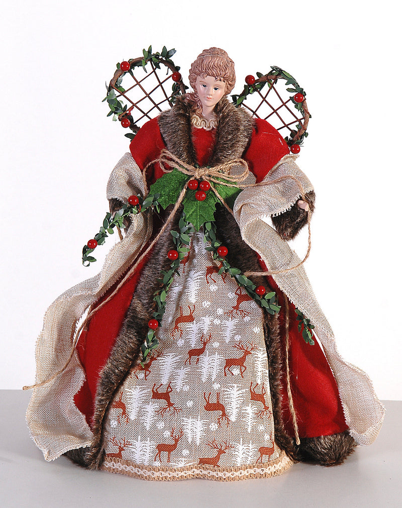 Christmas Tree Topper Angel With Red & Brown Fabric and Holly Wings 41cm
