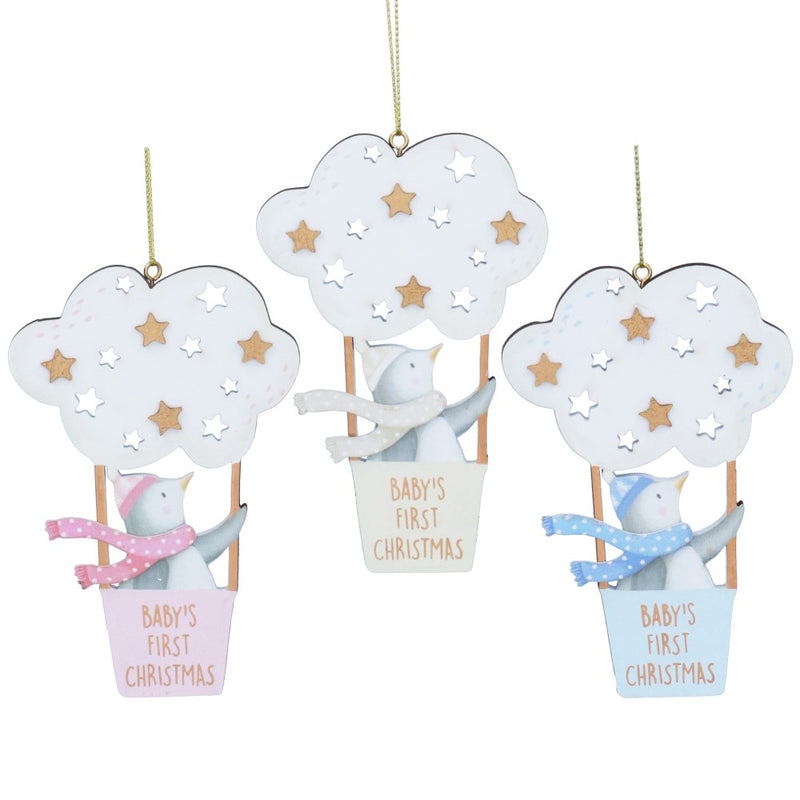 Baby's First Christmas wooden penguin in cloud decorations, 3 assorted designs – Gisela Graham