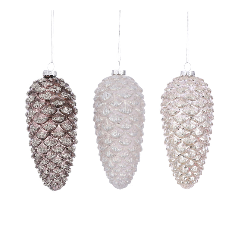 Pinecone Shaped Christmas Hanging Decorations | Champagne, White or Silver (16x7 cm)