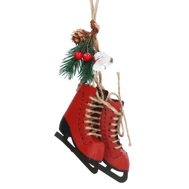 Red metal skate boots Christmas decoration with fir and bell – Gisela Graham
