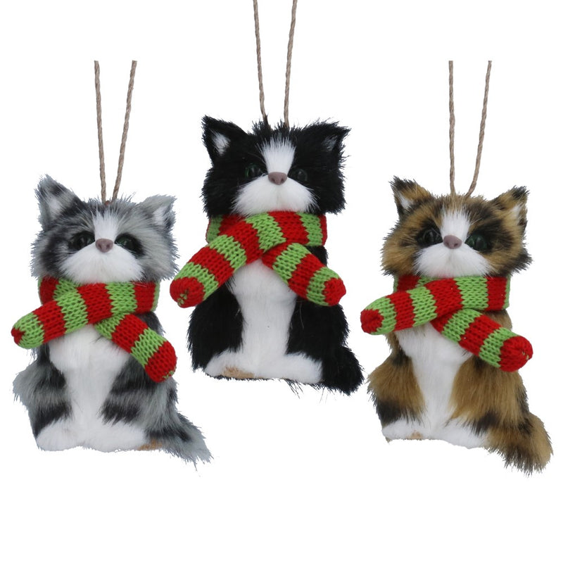 Faux fur kitten with scarf Christmas decorations, 3 assorted designs – Gisela Graham