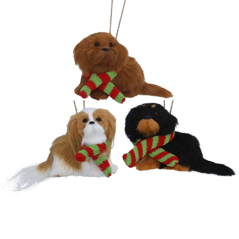 Faux fur puppy with scarf Christmas decorations, 3 assorted designs – Gisela Graham