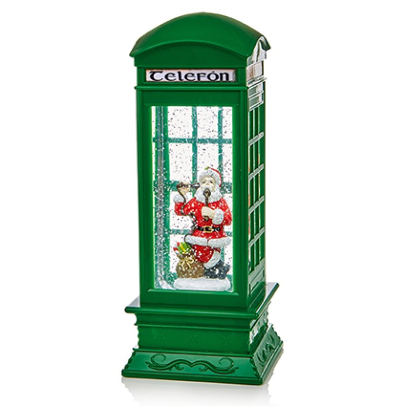 Battery-Operated LED Green Telephone Box Santa Water Spinner 27 cm