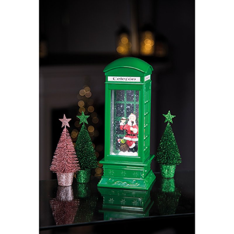 Battery-Operated LED Green Telephone Box Santa Water Spinner 27 cm