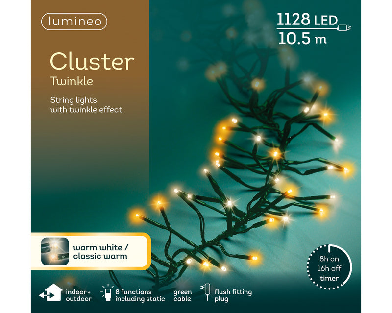 Lumineo Cluster Twinkle 1128 Warm White/Classic Warm White Christmas Lights Green Cable 10.5m