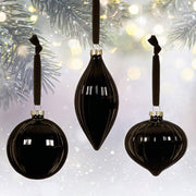 Black Ribbed Glass Christmas Decorations 8-13 cm - 3 Assorted Shapes
