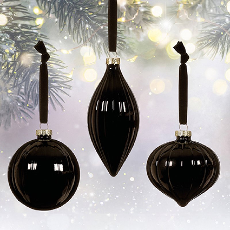 Black Ribbed Glass Christmas Decorations 8-13 cm - 3 Assorted Shapes