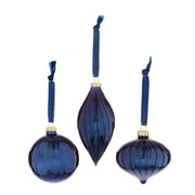 Blue Ribbed Glass Christmas Decorations 8-13 cm - 3 Assorted Shapes