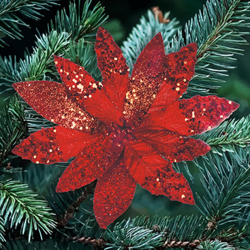 Artificial Red Glitter & Sequin Poinsettia Clip 26 cm