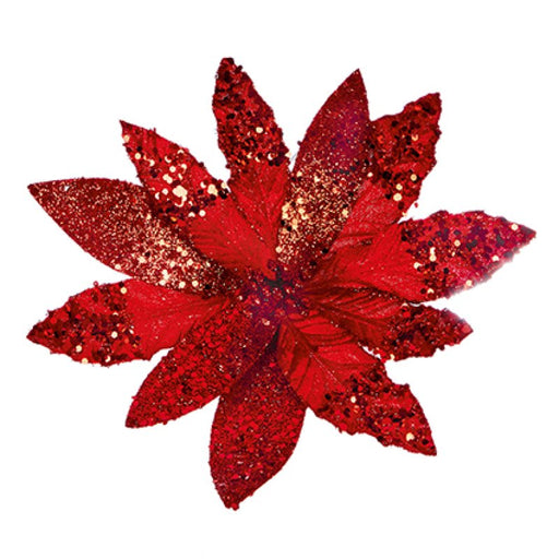 Artificial Red Glitter & Sequin Poinsettia Clip 26 cm
