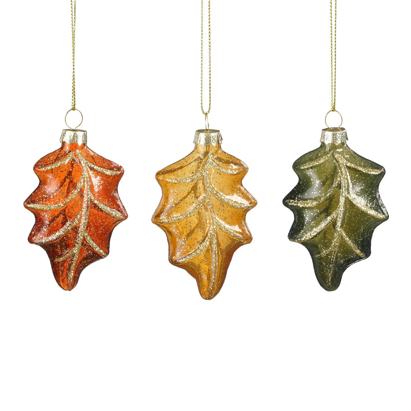 Leaf Glass Hanging Christmas Decoration Orange, Yellow or Green (8cm)