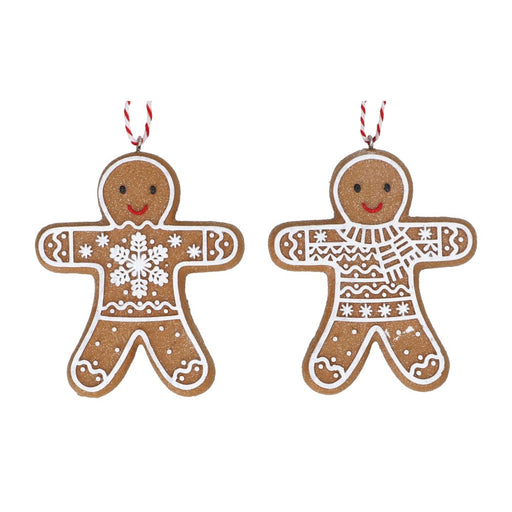 White iced resin gingerbread man Christmas decorations, 2 assorted designs – Gisela Graham