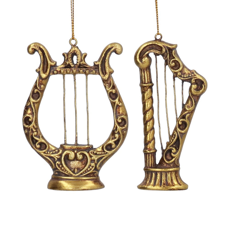 Gold lyre and harp resin Christmas decorations, 2 assorted designs – Gisela Graham