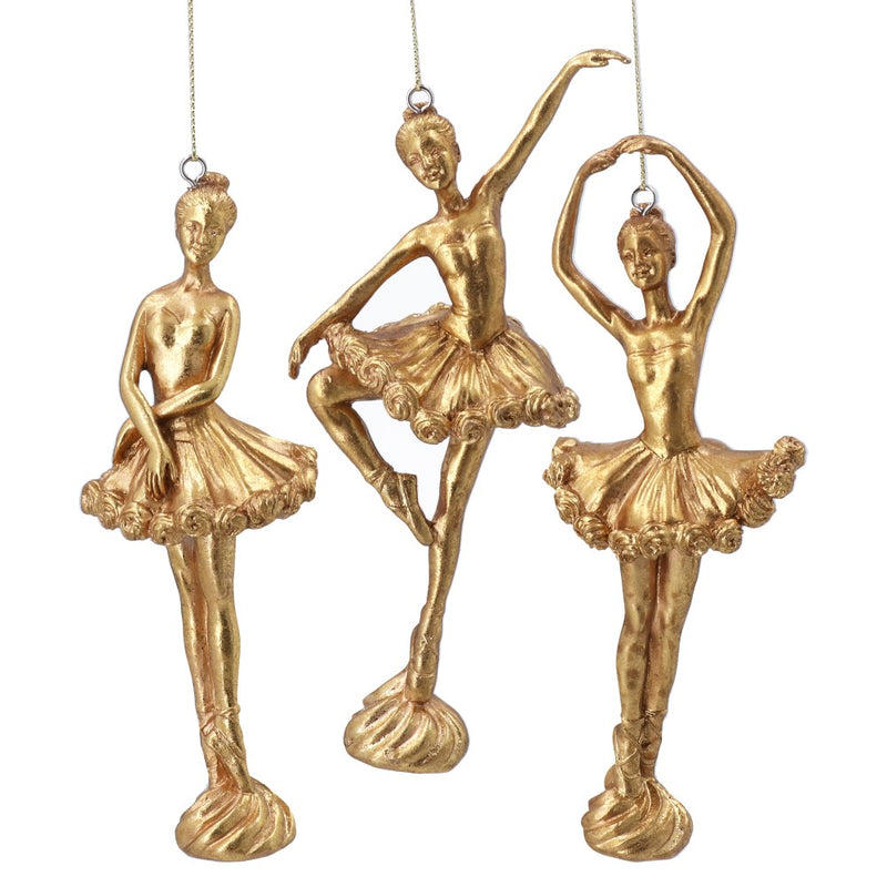 Gold ballerina resin Christmas decorations, 3 assorted designs – Gisela Graham