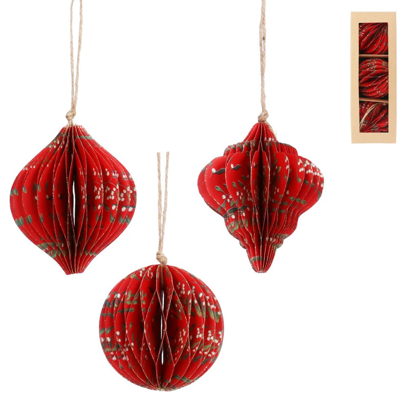 Red paper honeycomb Christmas decorations with mistletoe, box of 3 – Gisela Graham