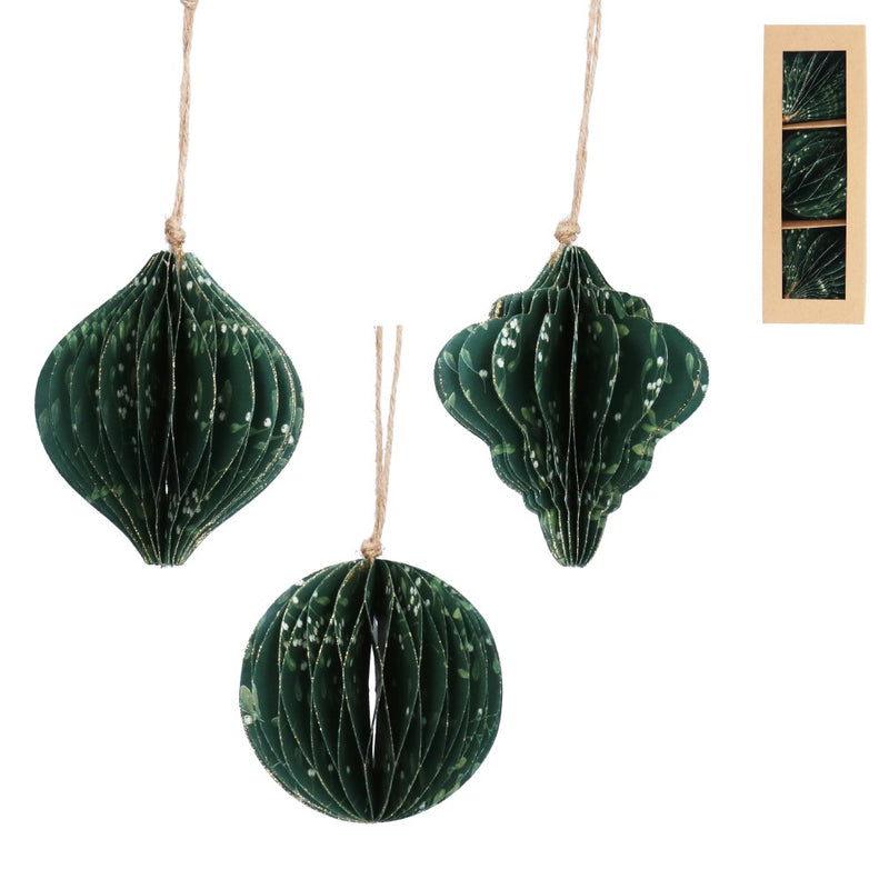 Green paper honeycomb Christmas decorations with mistletoe, box of 3 – Gisela Graham