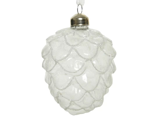Christmas Bauble Pine Cone in Frosted white and Glitter On Edges (10 cm)