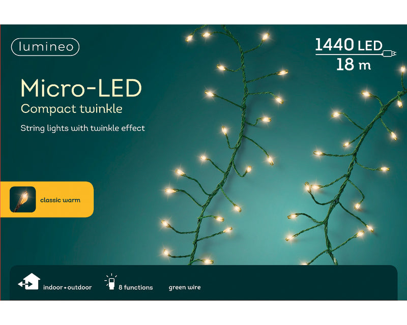 Lumineo Compact Twinkle 1440 Micro Wire Classic Warm White Christmas Lights With Green Cable 18m