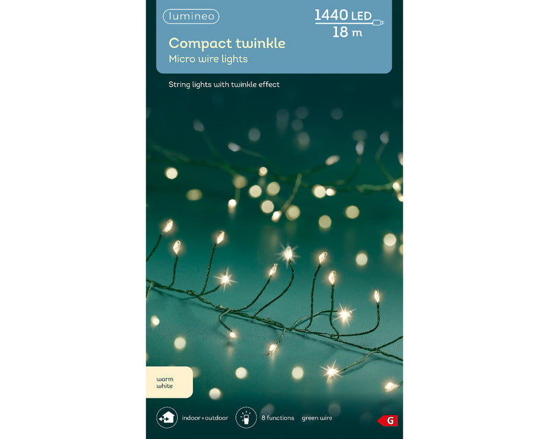 Lumineo Compact Twinkle 1440 Micro Wire Warm White Christmas Lights With Green Cable 18m