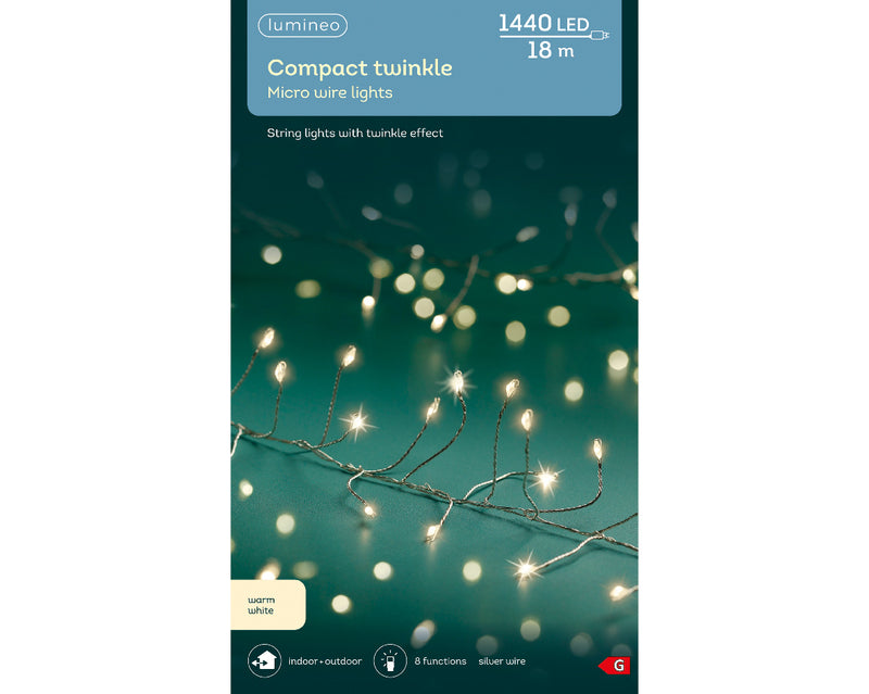 Lumineo Compact Twinkle 1440 Micro Wire Warm White Christmas Lights With Silver Cable 18m