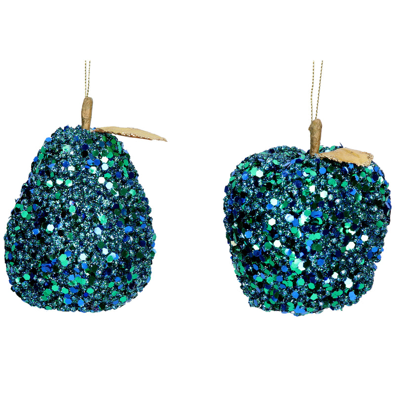 Peacock Glitter Apple/Pear Hanging Christmas Decoration Blue (10x6x6cm)