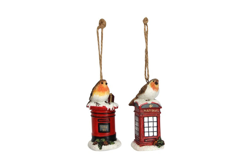 Robin on letterbox and telephone box Christmas decorations, 2 assorted designs – Gisela Graham