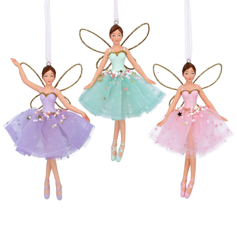 Pastel resin and fabric fairy Christmas decorations, 3 assorted designs – Gisela Graham