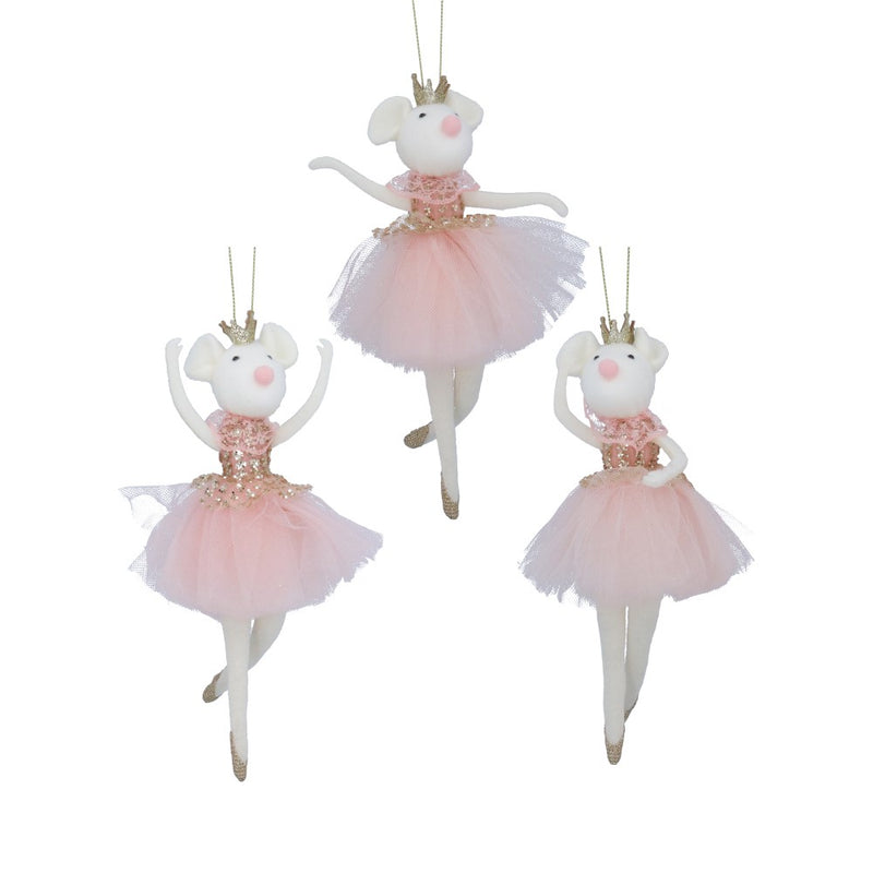 Pink and white ballerina mouse Christmas decorations, 3 assorted designs – Gisela Graham