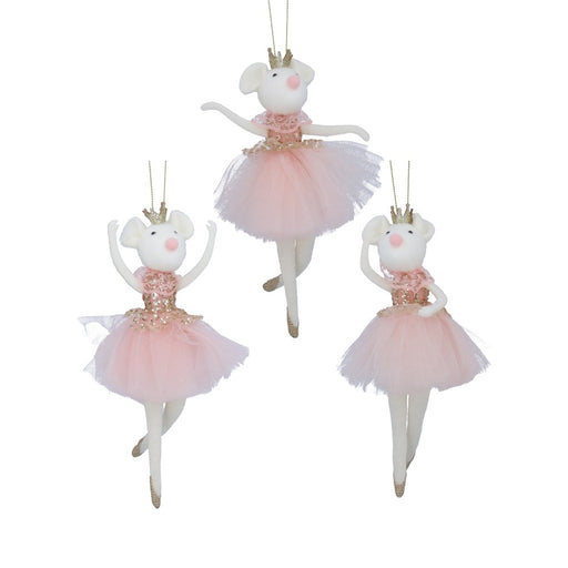 Pink and white ballerina mouse Christmas decorations, 3 assorted designs – Gisela Graham