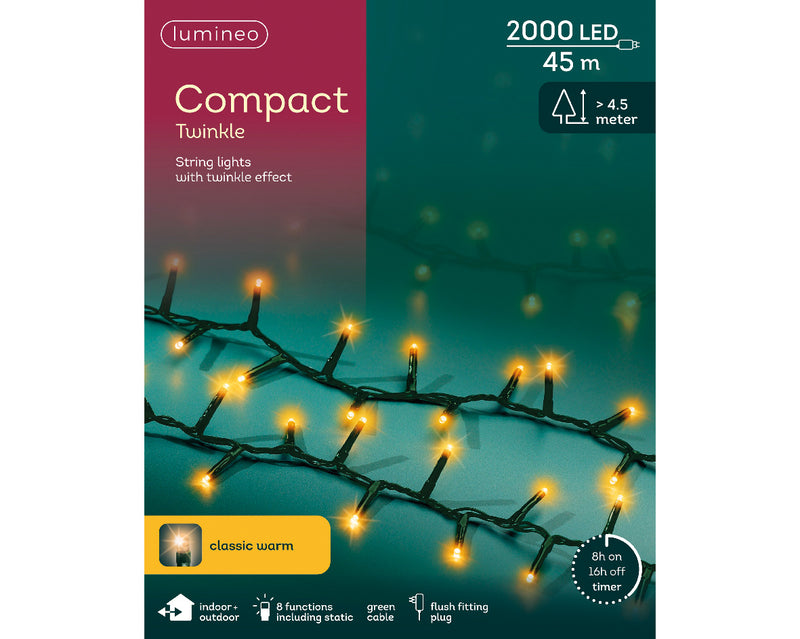 2000 Lumineo Compact Twinkle Classic Warm White Christmas Lights With Green Cable 45m
