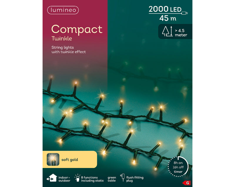 2000 Lumineo Compact Twinkle Soft Gold Christmas LIghts With Green Cable 45m