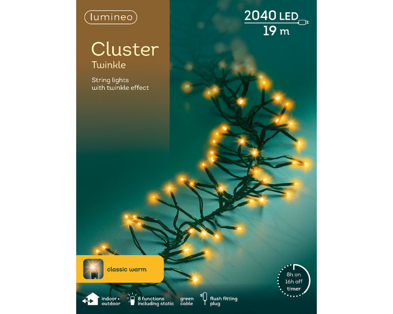 Lumineo Cluster Twinkle 2040 Classic Warm White Christmas Lights Green Cable 19m