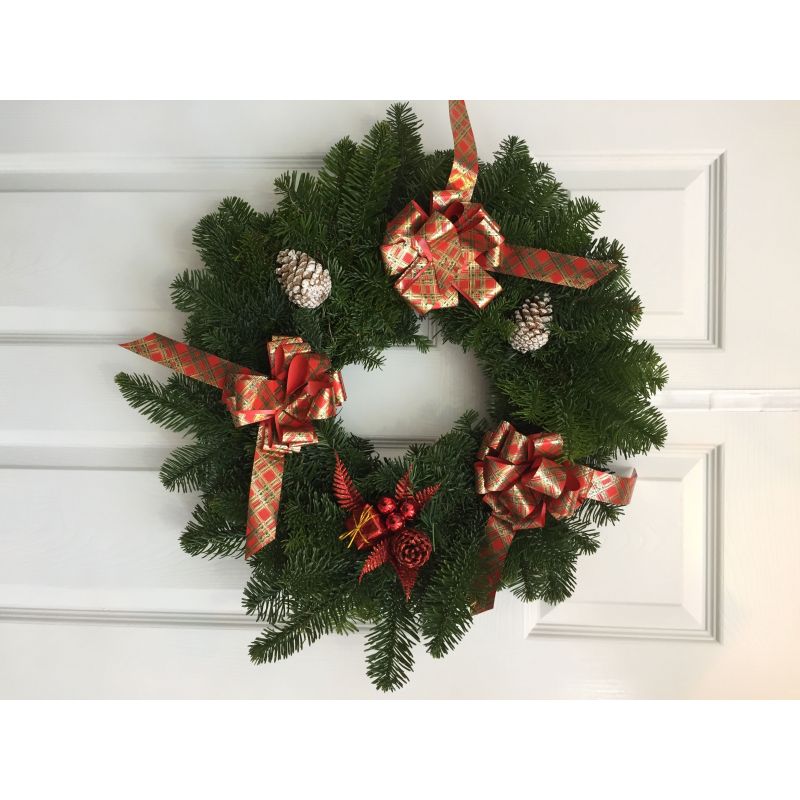 Real Christmas Wreath Decorated With Tartan Bows and Pine Cones 24 Inch