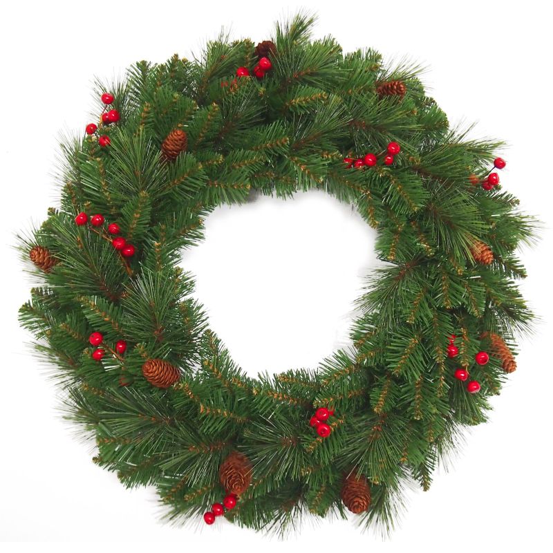 24 Inch Chistmas Everyday Wreath With Pine Cones & Red Berries
