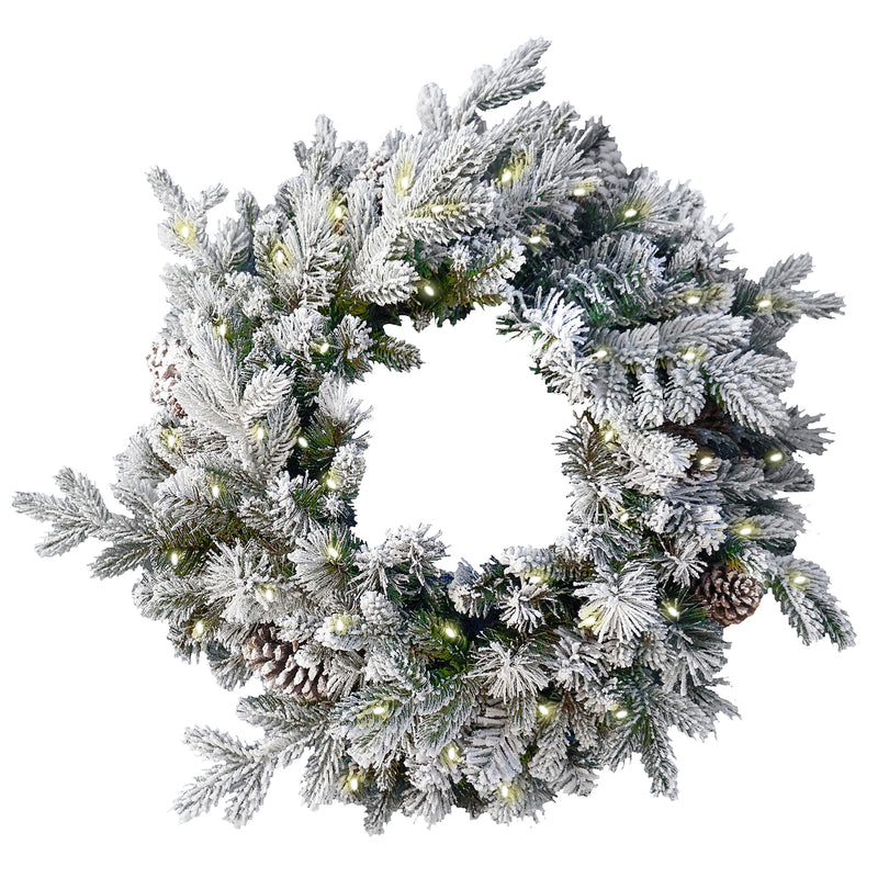 24 Inch Misty Mountain Pre-Lit Wreath With Pine Cones & 50 Warm White Lights Battery Operated