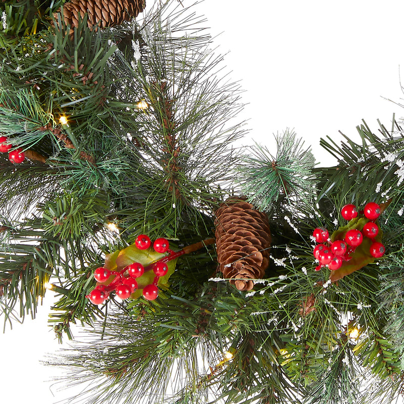 24 Inch Wintry Pine wreath displayed on an indoor door