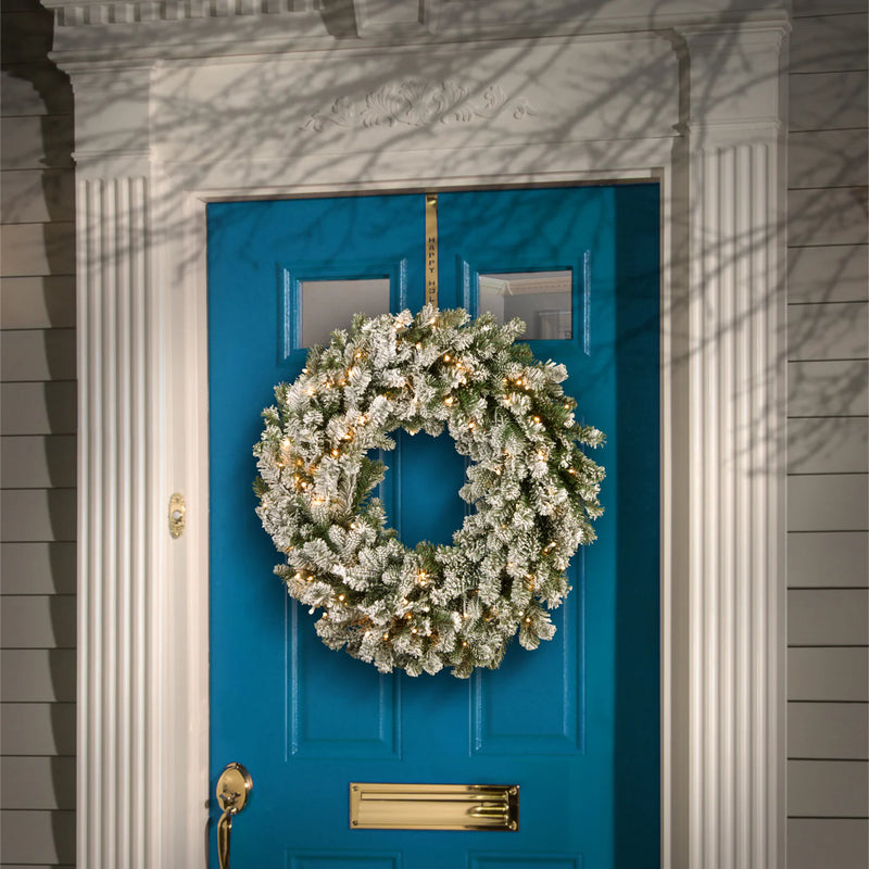 24 Inch Snowy Sheffield Spruce Pre-Lit Wreath with 50 Warm While Lights Battery Operated