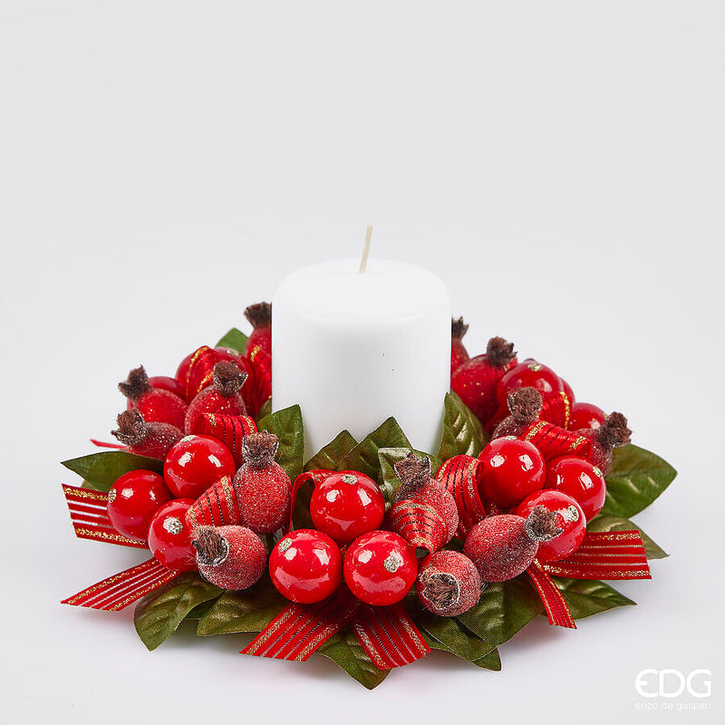 Artificial Rosehip Berry & Leaf Candle Ring 20 cm