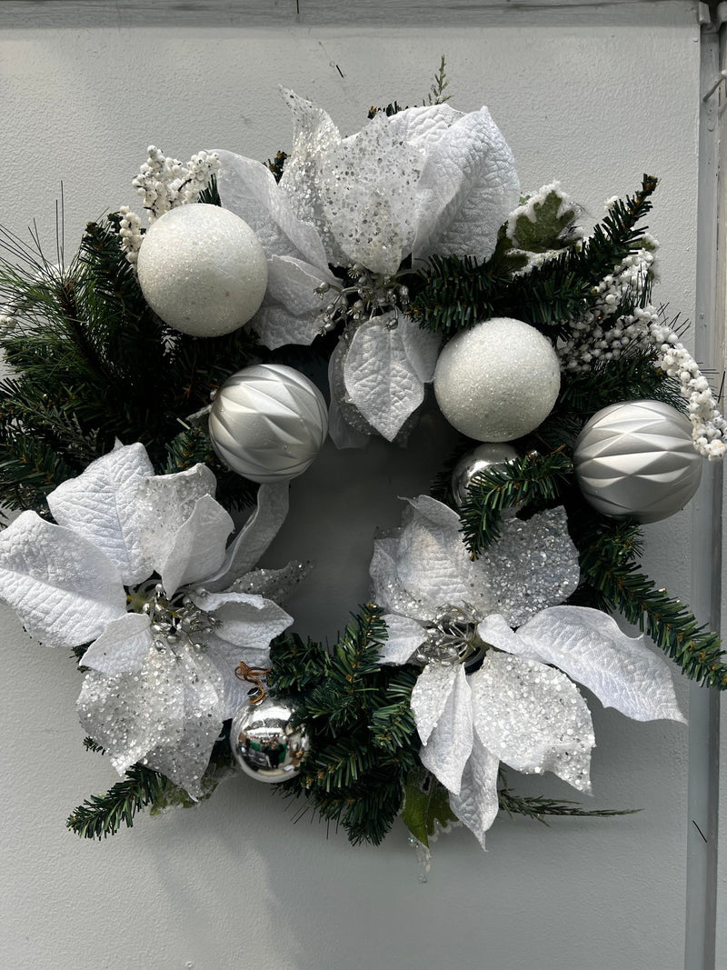 24 Inch Christmas Wreath With White Poinsettia & Silver Baubles (Reduced to Clear)