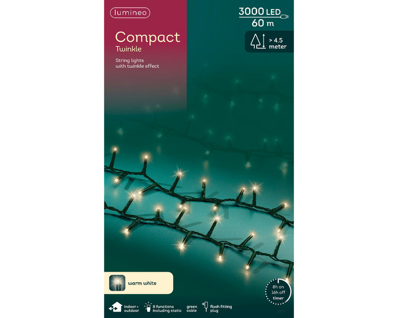 3000 Lumineo Compact Twinkle Warm White Christmas Lights With Green Cable 60m