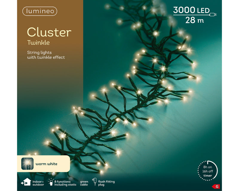 Lumineo Cluster Twinkle 3000 Warm White Christmas Lights Green Cable 28m